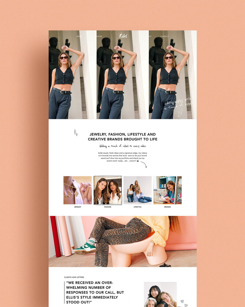 Homepage ontwerp voor A Touch of Rebel met modefotografie en creatieve branding voor lifestyle- en fashionmerken.