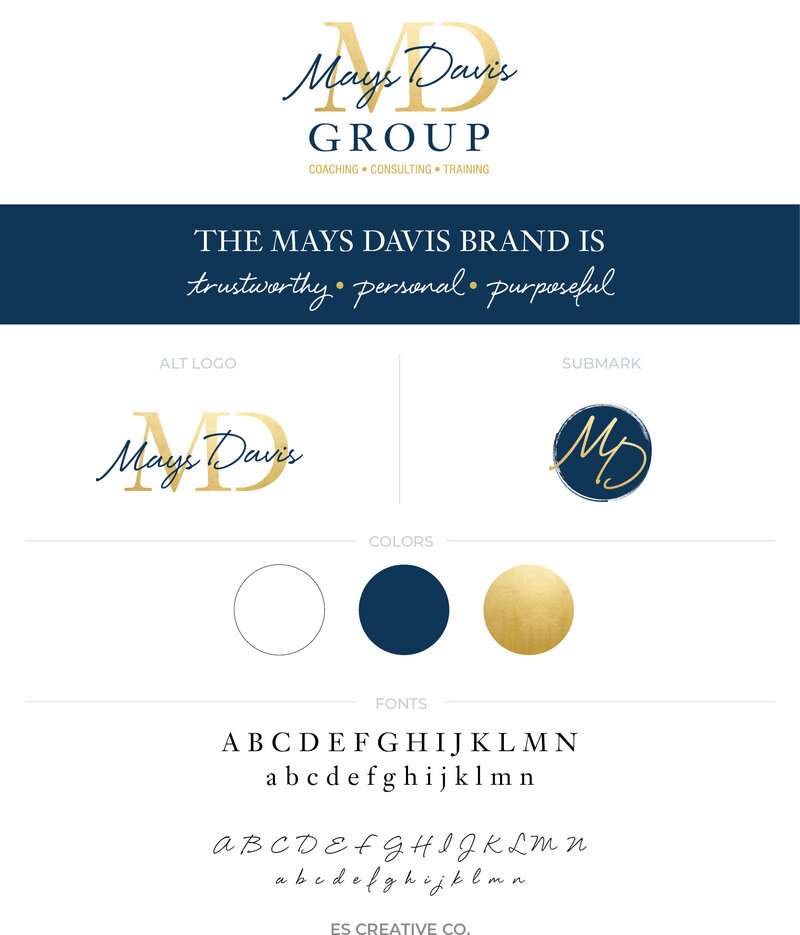 monogram logo design and navy & gold branding for business coach