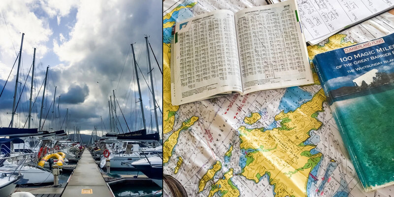 Maps, tide charts and sailing materials for a bespoke elopement yacht cruise captured by a luxury elopement photographer in the Whitsunday Islands in Australia.