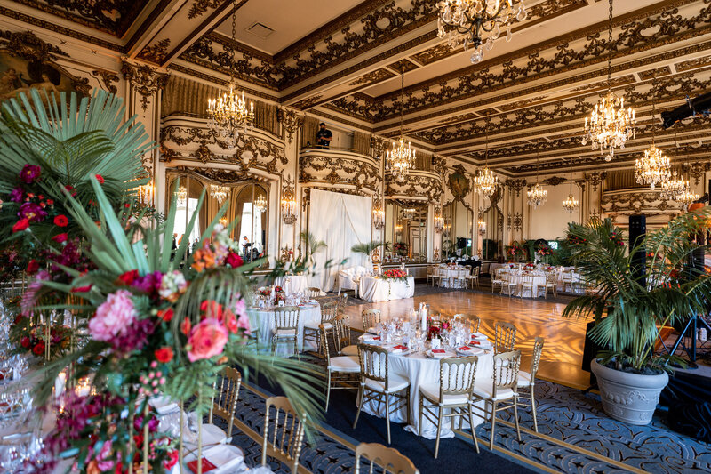 Fairmont San Francisco ballroom reception with ornate ceiling and crystal chandeliers - wedding photographer