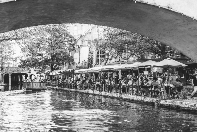 Black and white photo of San Antonio Riverwalk