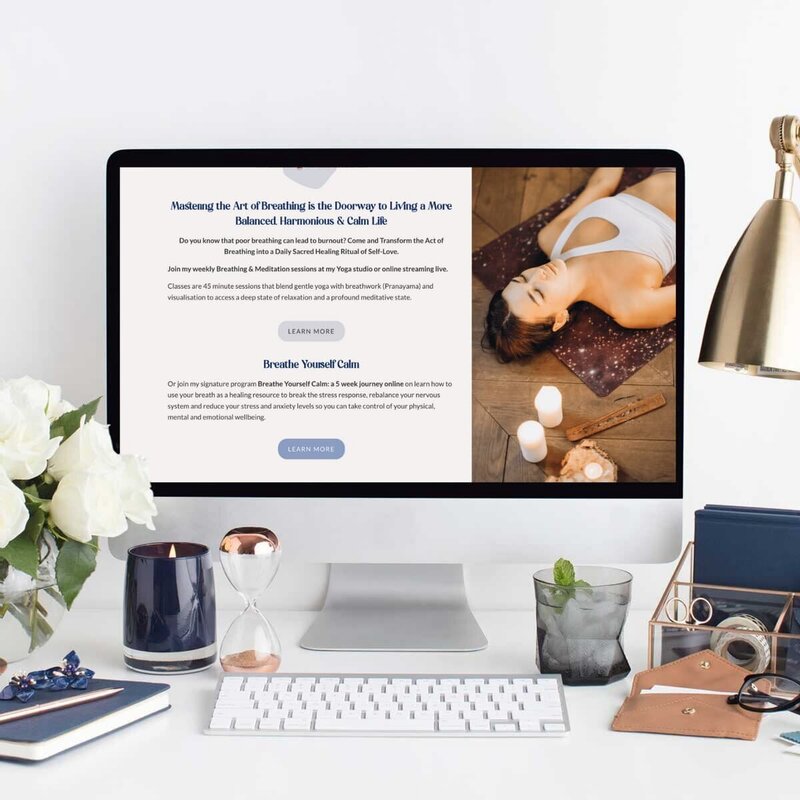 Device mockup showing Respirah website on apple iMac, custom website design by Rachelle Deem for wellness coach
