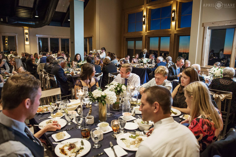 Wedding reception dinner at sunset at Four Points Lodge in Steamboat Springs