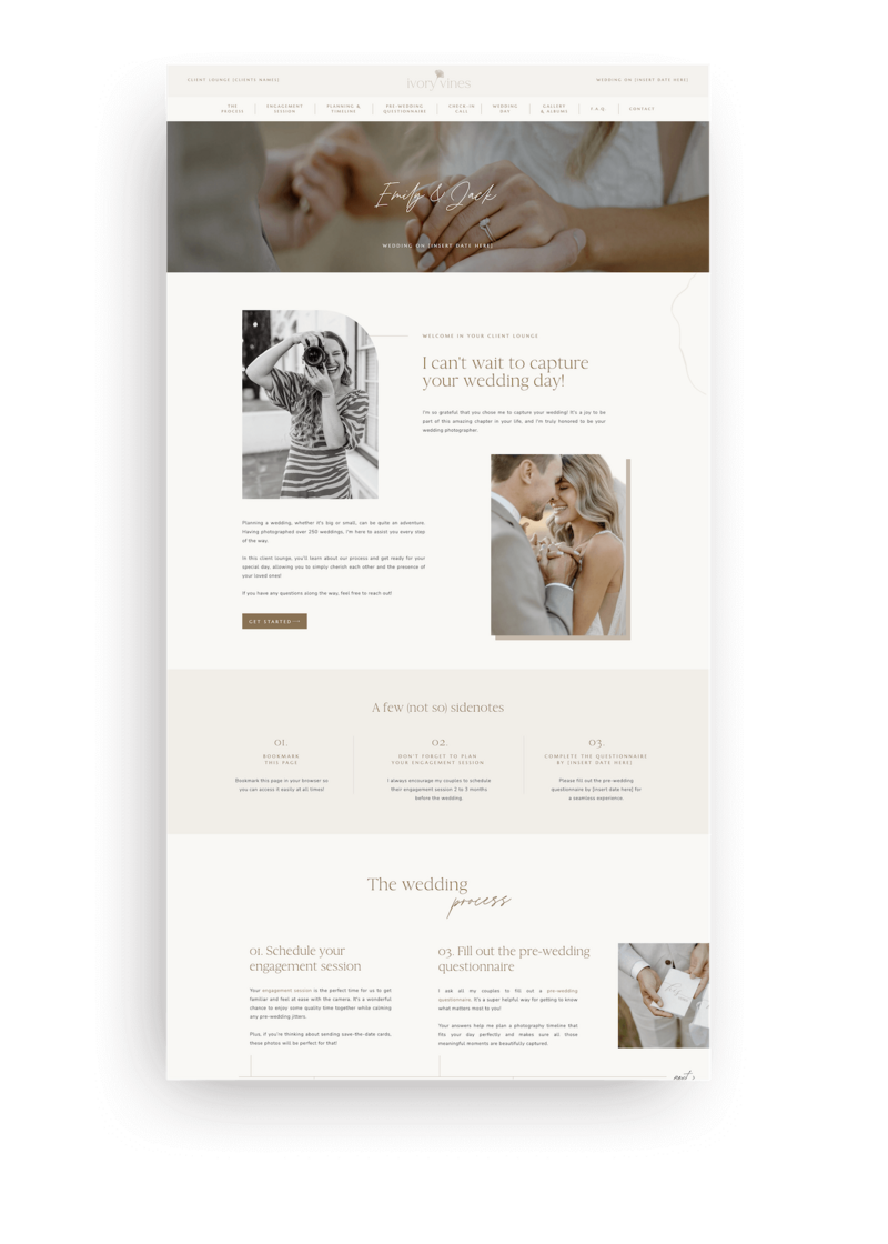 Neutral Showit Wedding Client Lounge for wedding Photographers
