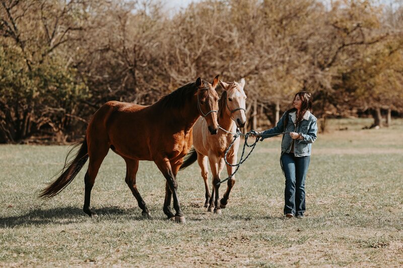 Woman leading two horses by the reigns through grass