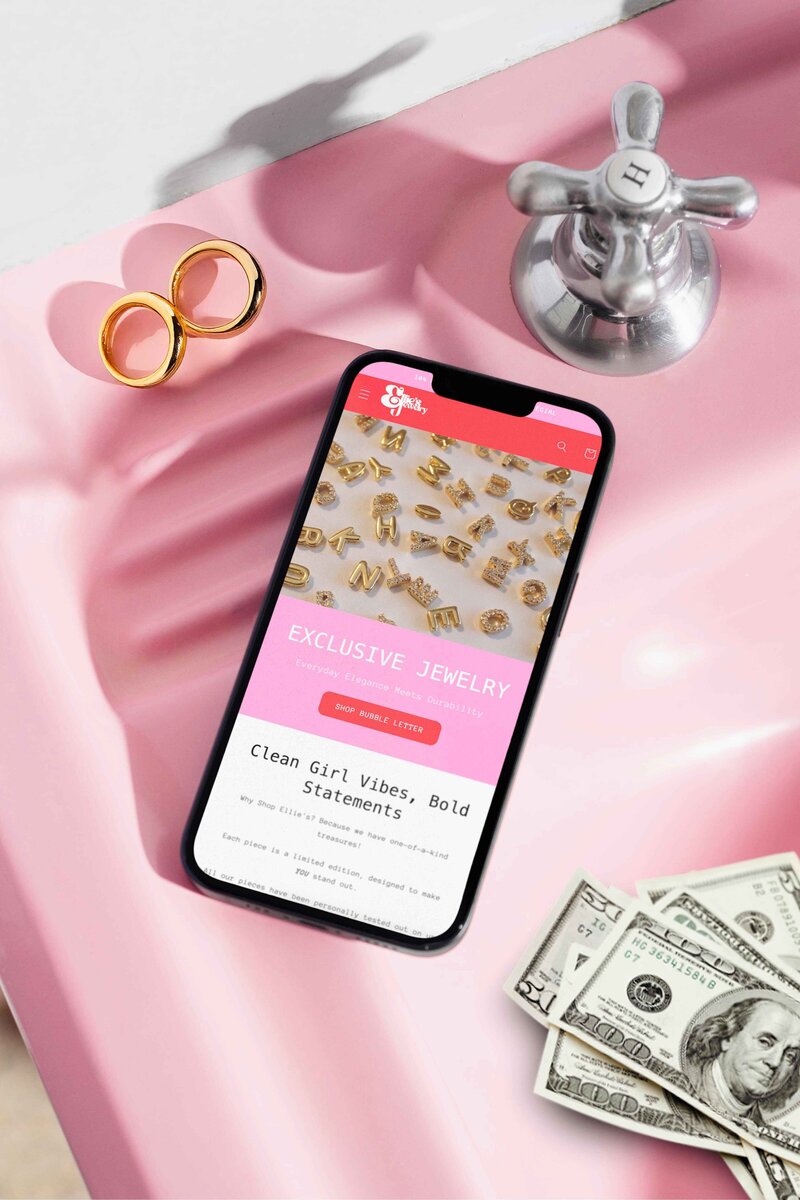 iphone placed on a pick sink as a visual mockup 