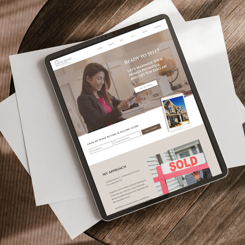 Renee Brooks realtor sell page screenshot mockup on ipad sitting on table