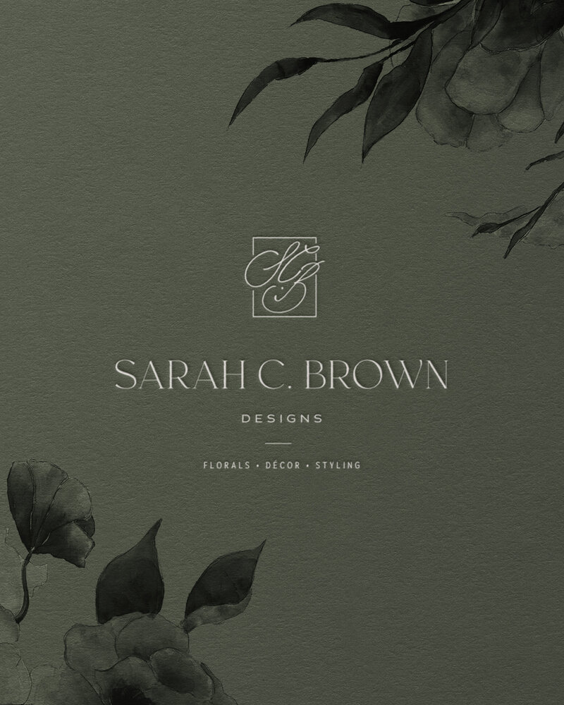 Logo design for Sarah C Brown Designs with hand-painted floral elements on a deep green background