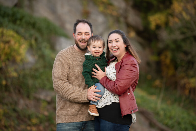 Family of 3 in autumn in Hershey, PA