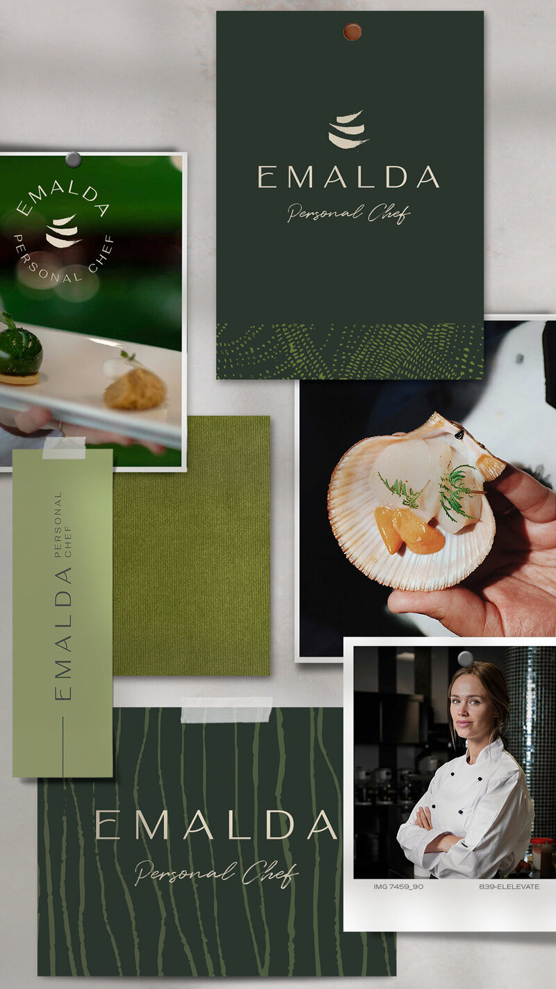 logo, images and other elements of the branding package shown on a mood board