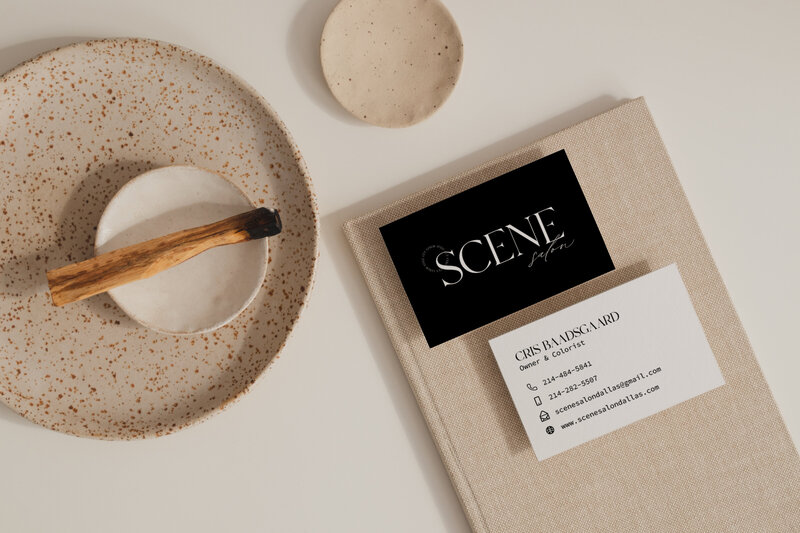 Mock-up of business cards designed by Emma Leigh Studios for SCENE salon.