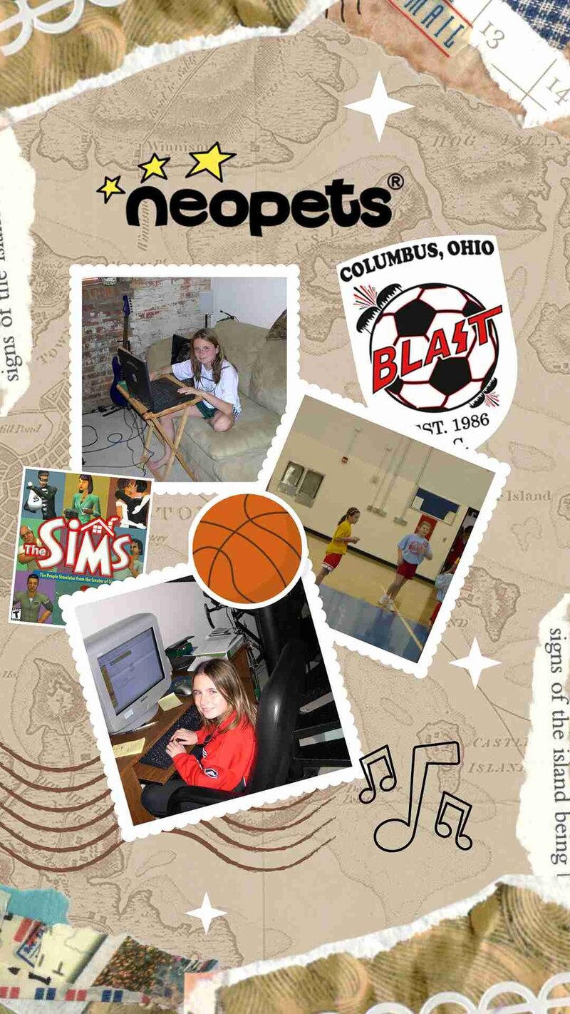 A colorful collection of images featuring a girl engaged in different activities, capturing her joy and energy on the computer and playing basketball.
