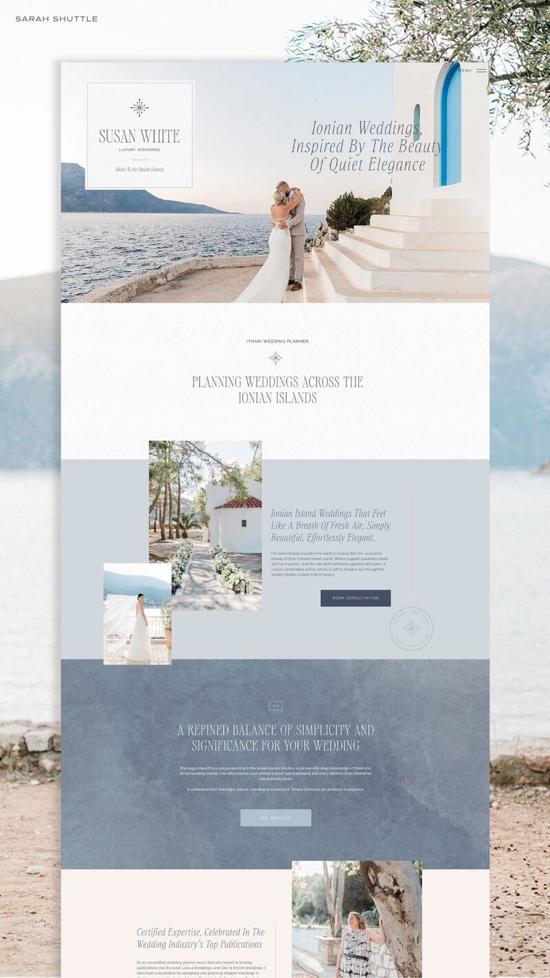 Full-length mockup of the Susan White Luxury Weddings website, showcasing elegant layouts, refined typography, and Ionian-inspired blues.
