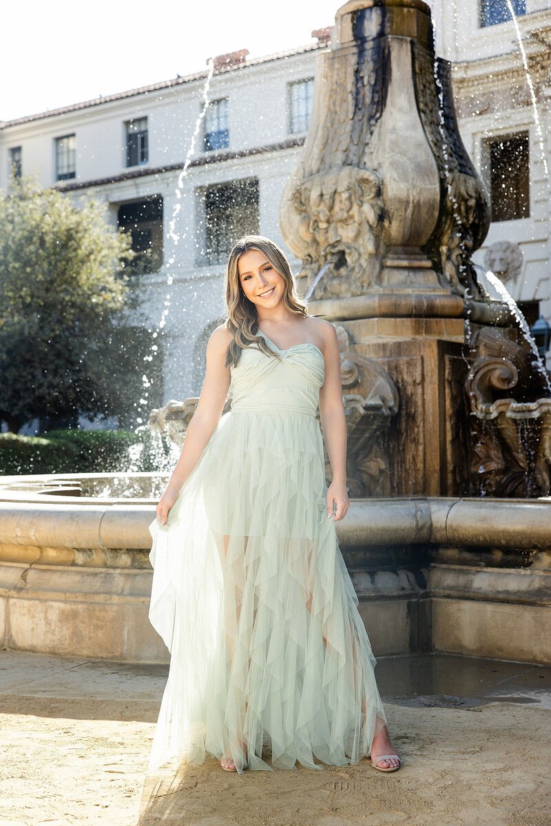 ront of a European-inspired fountain in Pasadena, California