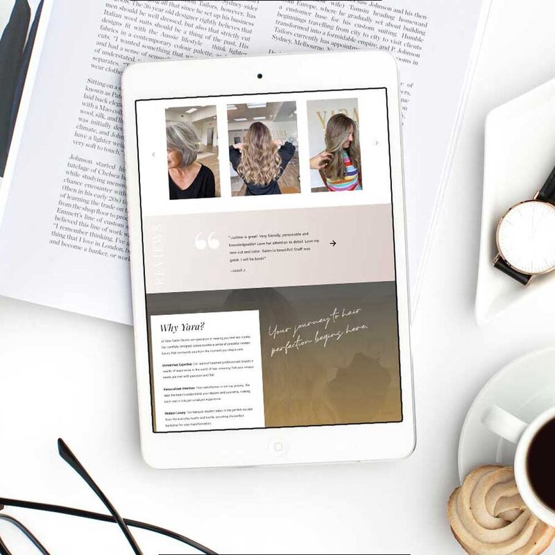 Explore Justine's vibrant salon owner website on an iPad, meticulously crafted by a Showit Web Design specialist. Dive into the seamless blend of style and sophistication that defines her online presence.