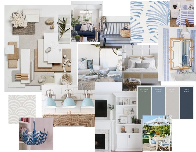 This coastal interior design mood board showcases a selection of beach-inspired decor elements, including light blue and white fabric swatches, natural wooden textures, and nautical accessories. Perfect for creating a serene and relaxing coastal-themed living room or bedroom. The mood board highlights the use of natural materials and soft color palettes typical of coastal interior design.