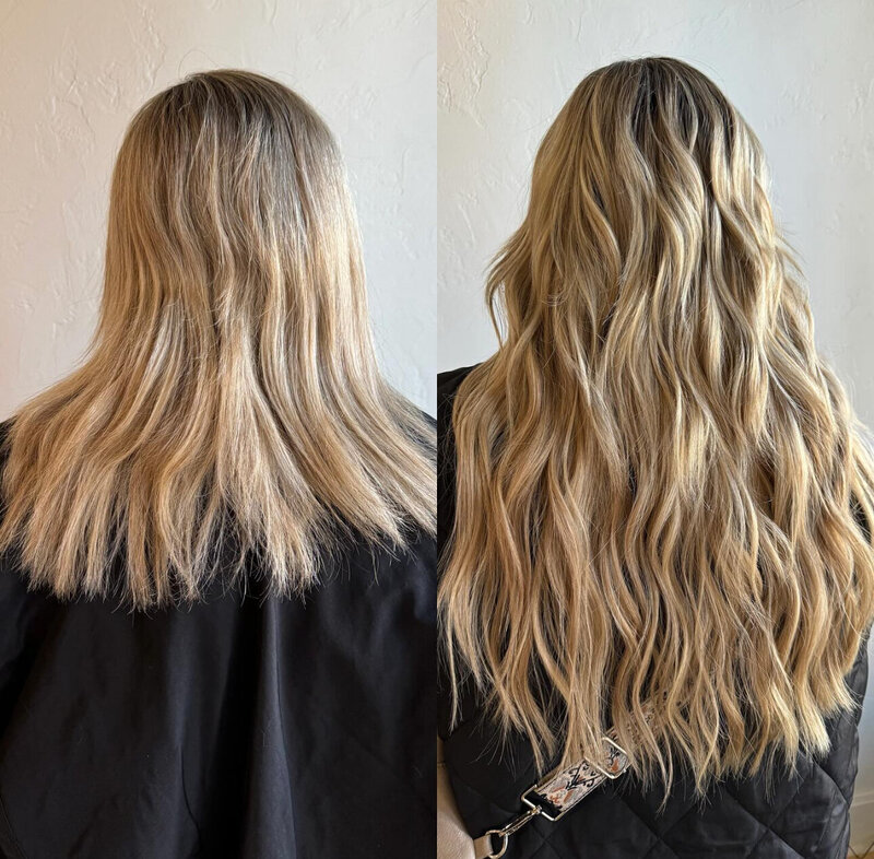 Before and after transformation with length hair extensions at Anthology Salon near Appleton