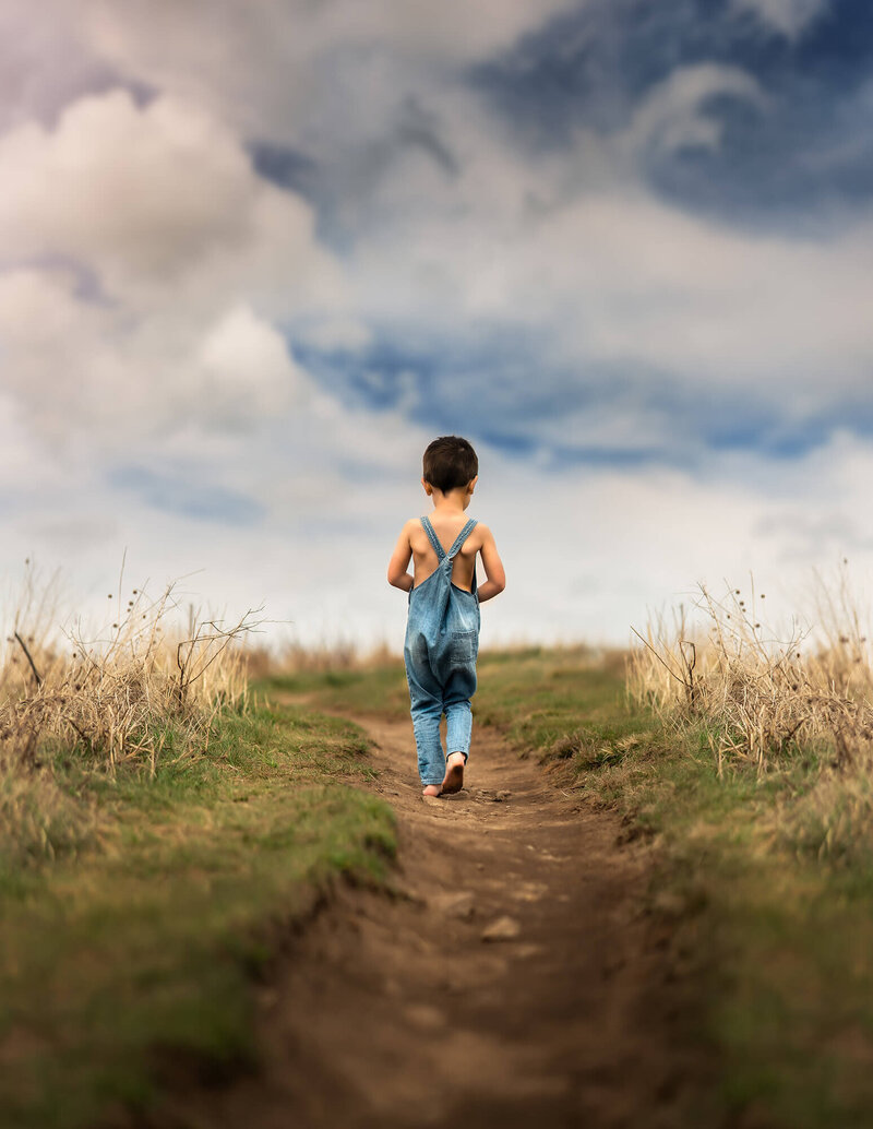 A young boy in denim overalls walks up a path with tall grass on each side. He is walking toward a bright, blue sky with clouds. 