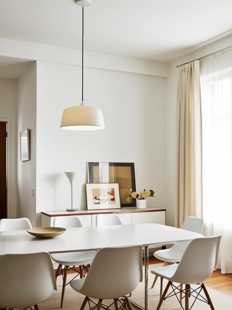 A bright mid-century modern dining room with a white and stainless steel table, white chairs, and a low-hanging pendant. A sideboard styled with lighting and framed artwork adds character.