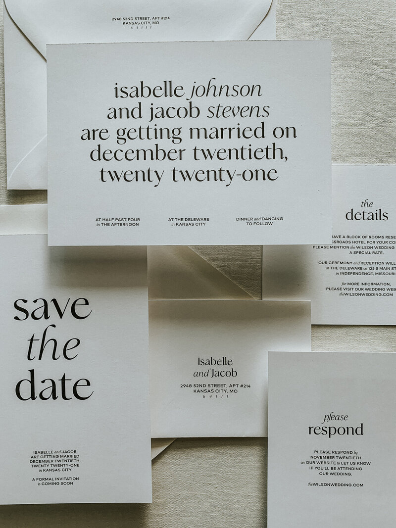 Wedding invitation suite with white paper and minimalist modern serif black font