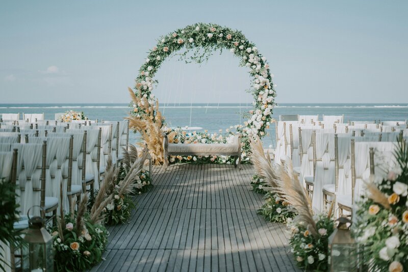 Altar made of all flowers overlooking the ocean