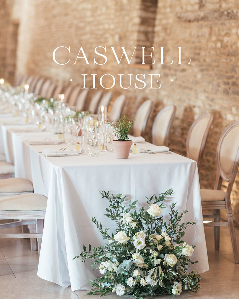 Floral wedding scene featuring Caswell House logotype design overlay