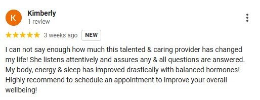 Five star Google review from Kimberly praising Ashli at Wellness and Hormone Health for improving energy, sleep, and overall wellbeing with balanced hormones