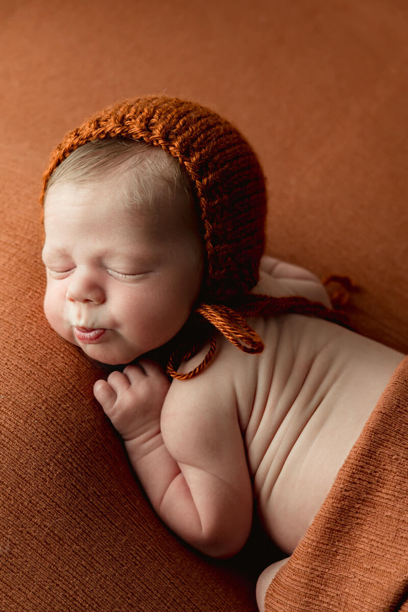 A curious toddler and a relaxed dog peek over the edge of a sofa, watching over a newborn baby, masterfully captured by a Harrisburg newborn photographer, swaddled in a red blanket resting on