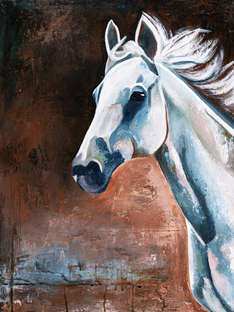 Christen-Horner-Art-Austin-Texas-OriginalPainting-2024-No-Fences-18x24-White-Horse-Grey-Horse-Running-Dark-Background