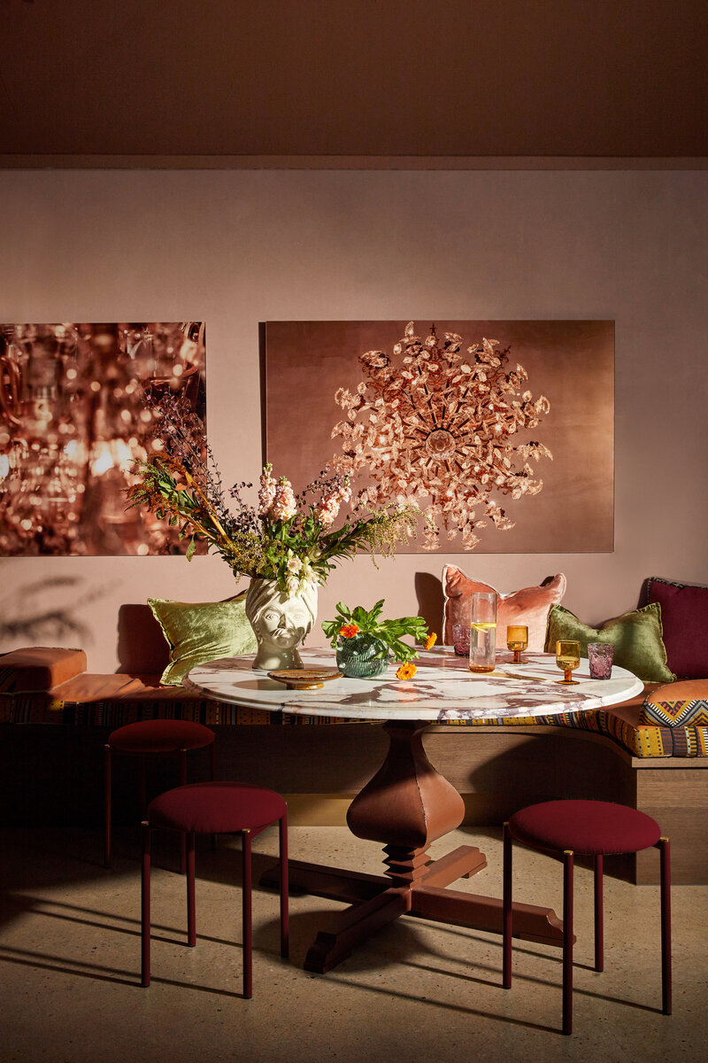 Table and chairs styled with large print
