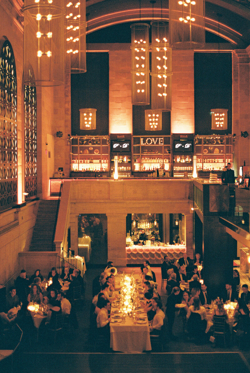 Wide shot of Union Trust Ballroom Wedding on Film during Dinner service in Philadelphia