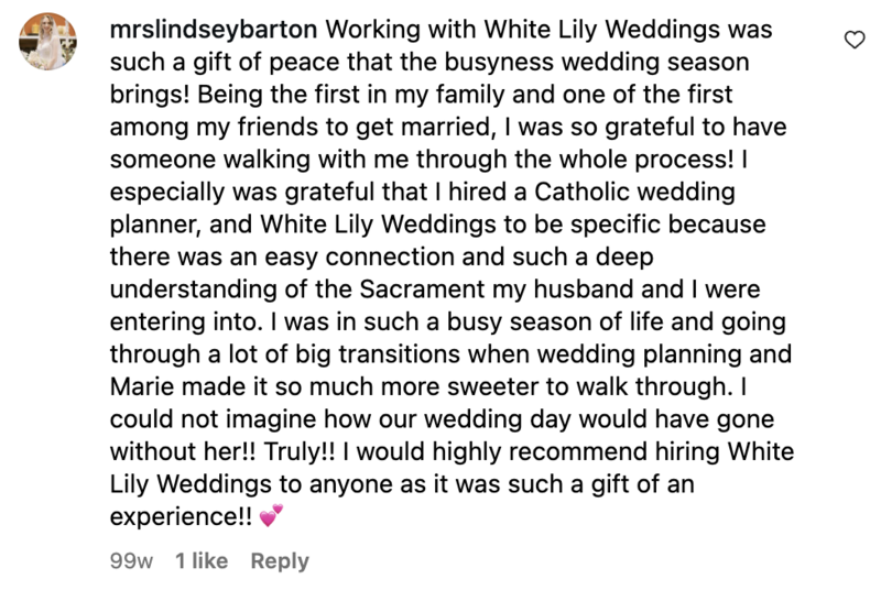 Screenshot of a kind review for White Lily Weddings from a past client.