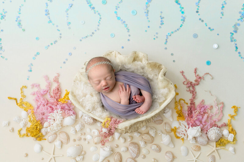 baby girl swaddled in yellow against a blue background with a red rose