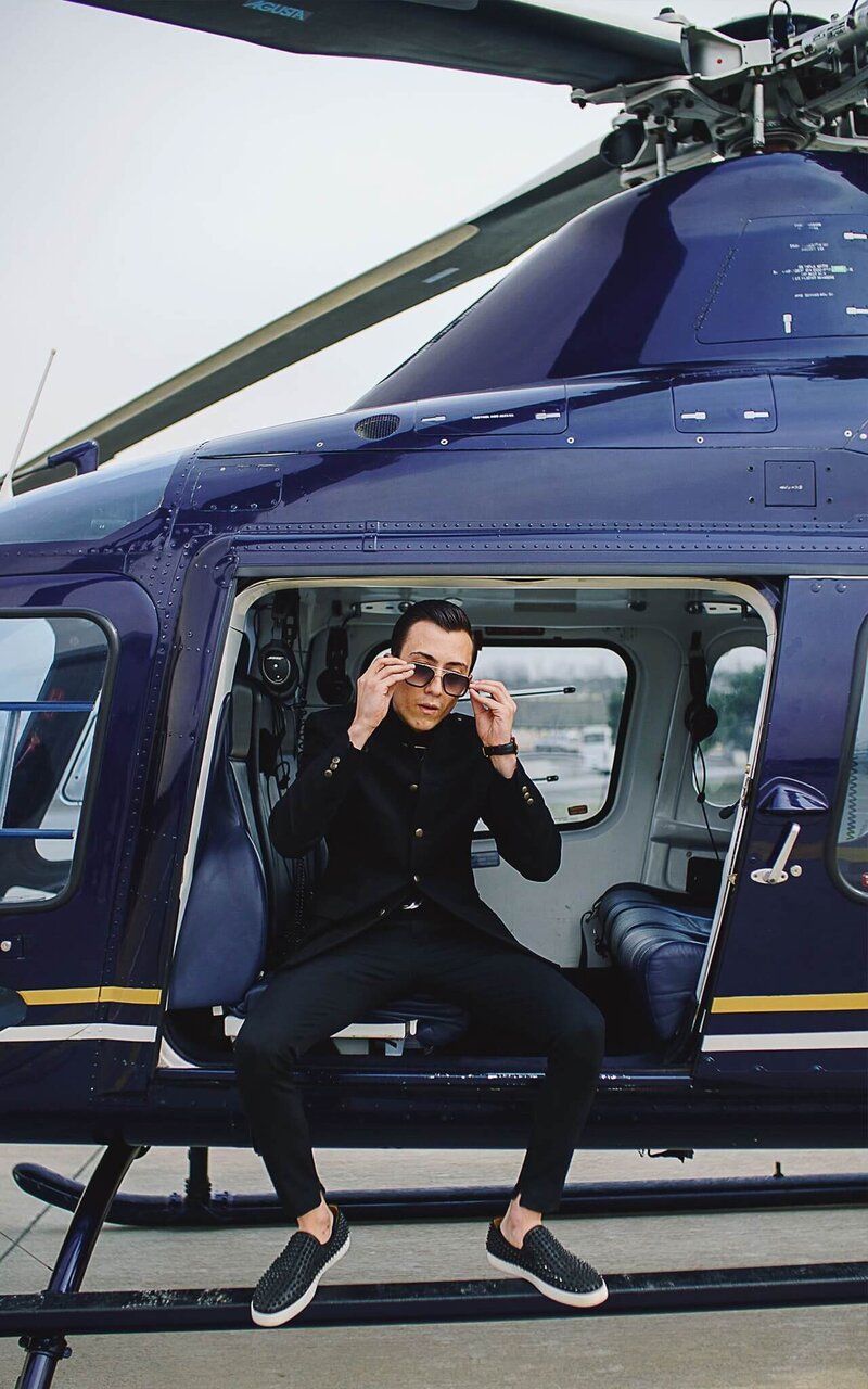 Businessman in helicopter