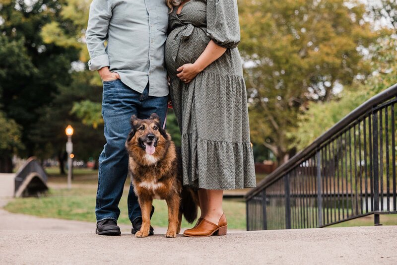 A pregnant woman and a man stand close together in a park, practicing family photography as they focus on the camera with their dog sitting beside them.