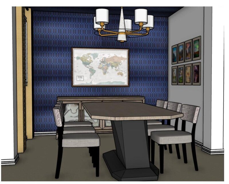 Furniture layout rendering of a luxury Peoria dining room featuring a black and gold dining table, custom chairs, and a vintage-style world map wall art.