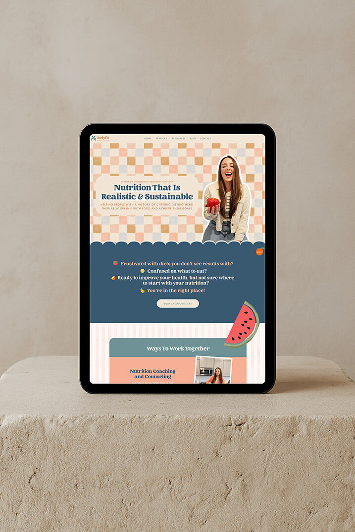 Tablet showing a dietitian's Showit website featuring a woman, highlighting health and nutrition services.