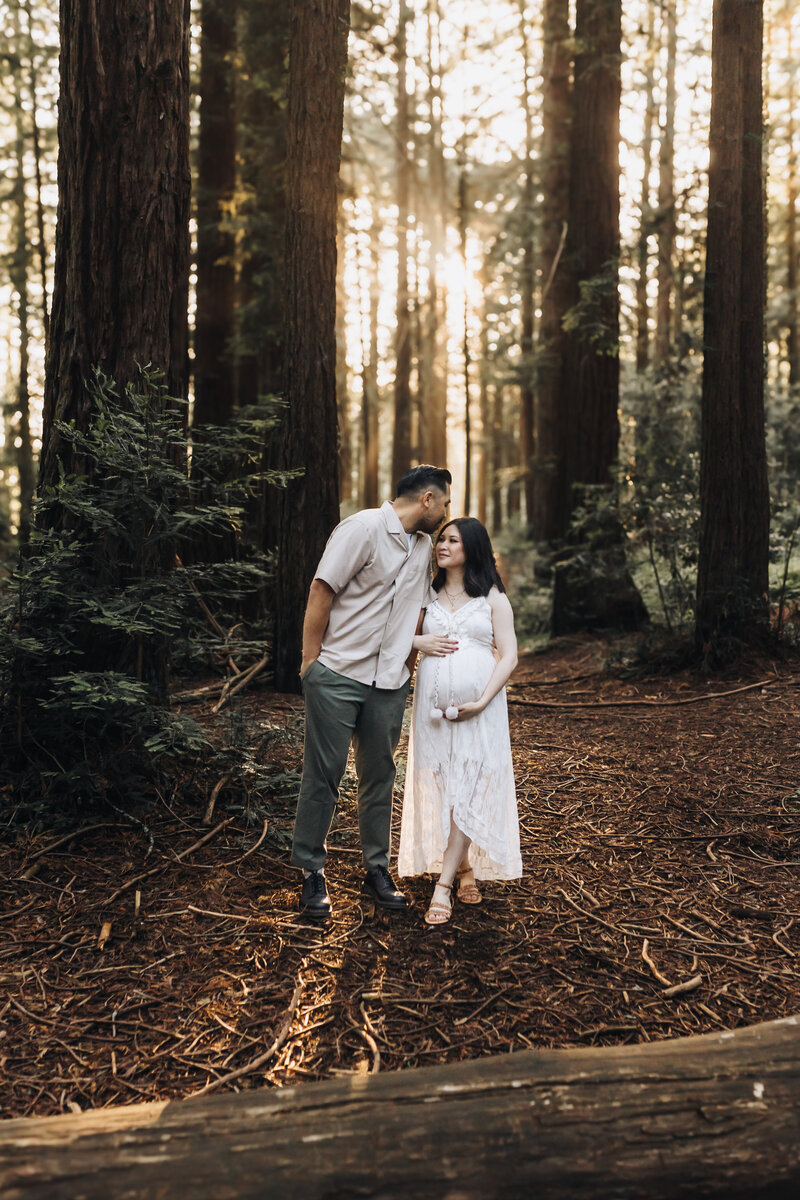 Pregnant mom holds her belly while dad kisses her in the sunlit redwoods