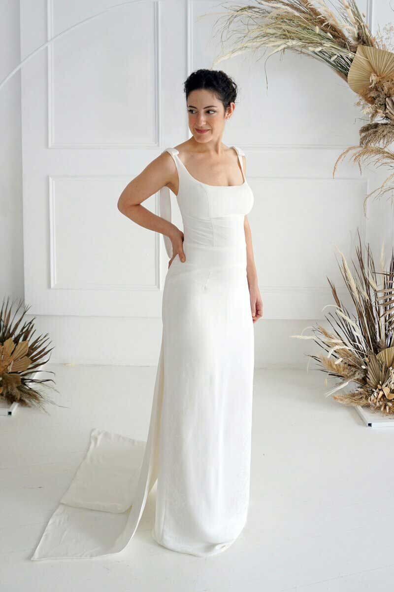 strappy Column wedding dress with low back Edith Élan Charleston, SC