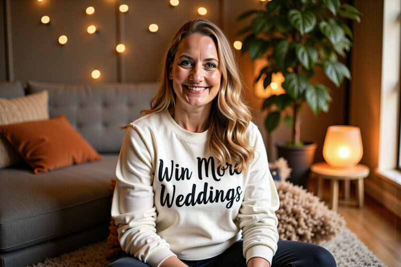 Carissa Kruse wearing a white sweatshirt that reads "Win More Weddings".