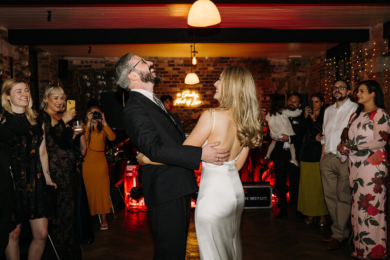 Bride and groom dancing on the wedding dance floor at Smock Alley in Dublin, Ireland