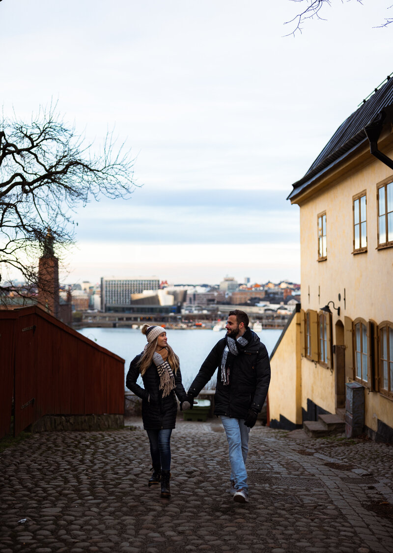 Walking down an alley in the winter in Sweden