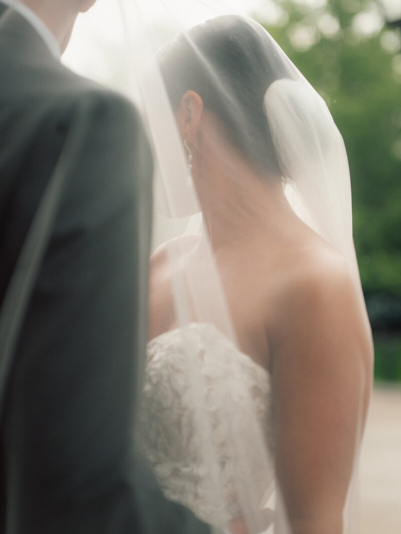 Bride gazes toward groom through delicate veil in soft natural light