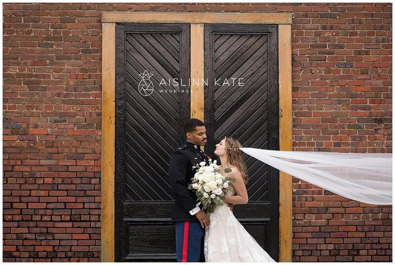 Bride and Military Groom at Best Wedding Venue Palafox Wharf Waterfront Pensacola, FL