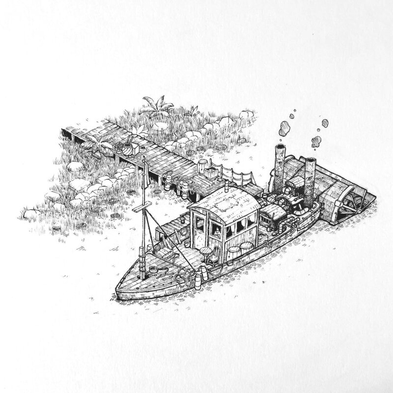 Isometric Pen and Ink illustration of an old steam ship outfitted to look like a "Steamboat Speedboat"