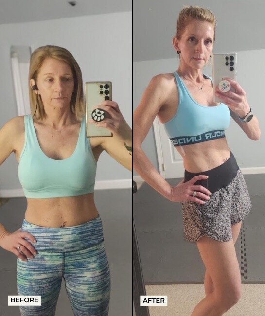 Before and after photos of Laura, a 49-year-old client, showing visible strength and transformation after working with Vanessa at The Strong Fit Life.
