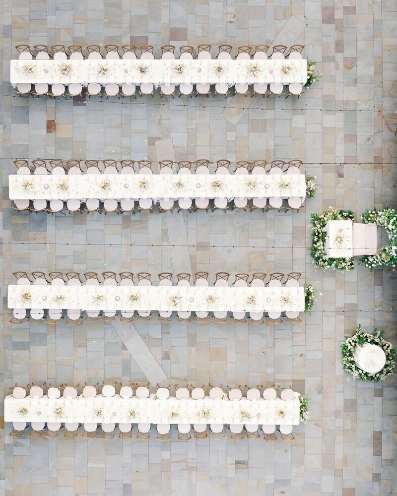drone photo from above of wedding set up and design by wedding planner minneapolis mn