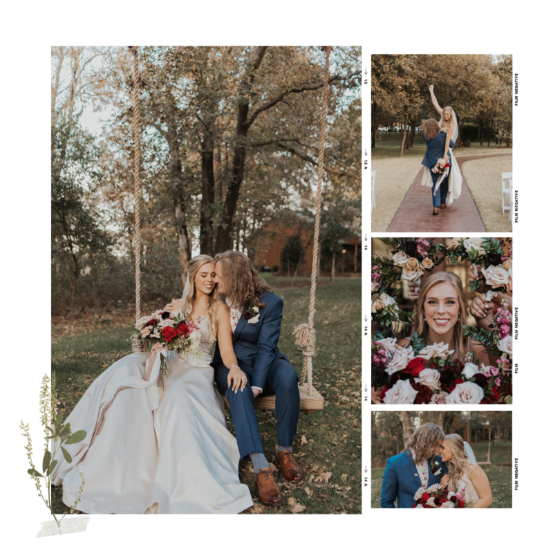 A collage imitates film; The left photo is a bride and groom cuddled up on a outdoor, wooden, swing. The right photos are the groom carrying the bride with the bride holding her arm up, a portrait of the bride surrounded by flowers, and the bride and groom smiling at each other.