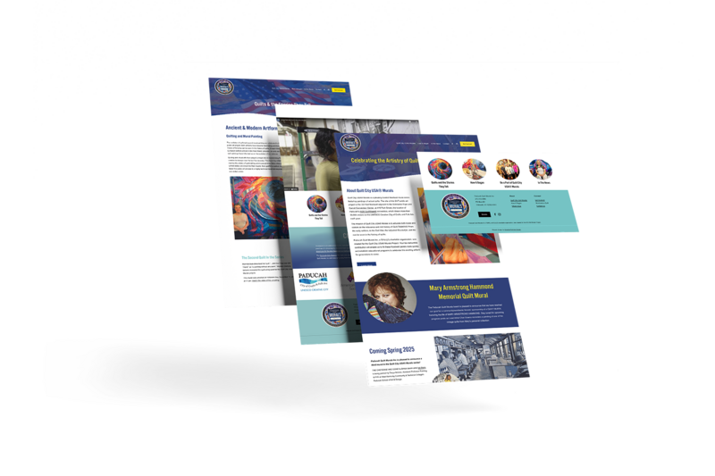 website pages with custom graphics and elements bright, colorful artistic for Quilt City USA murals design by Amanda Newman Design in Paducah, Kentucky