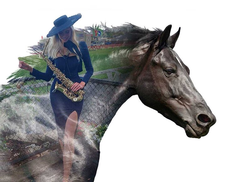Artistic double exposure of a woman in a black dress playing saxophone with a racehorse overlay, representing Melbourne Cup entertainment and equestrian themes